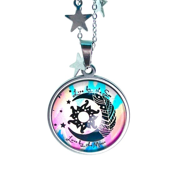 Tie-Dye Moon Fancy Celestial Chain Necklace, Rainbow Handmade Hippie Pendant - Picture 6 of 8